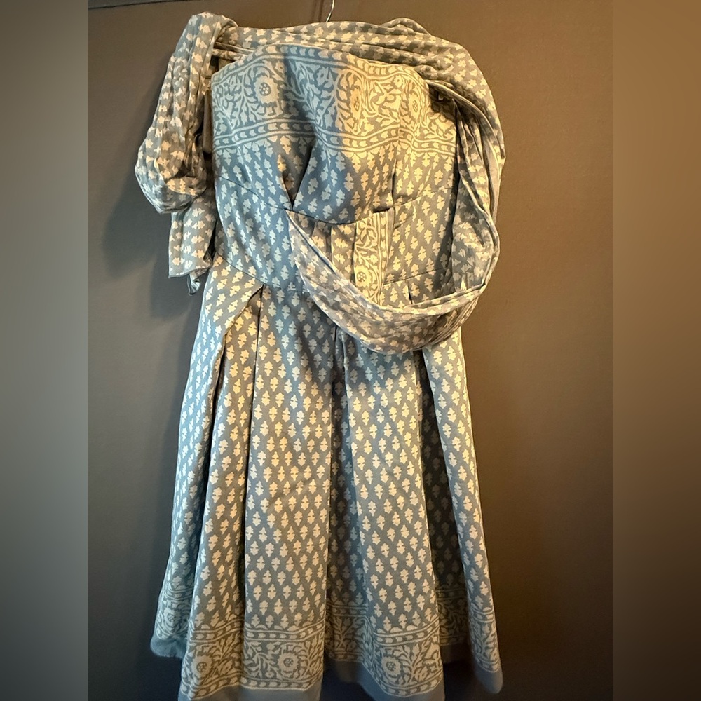Anna Sui Blue and Cream Strapless Dress